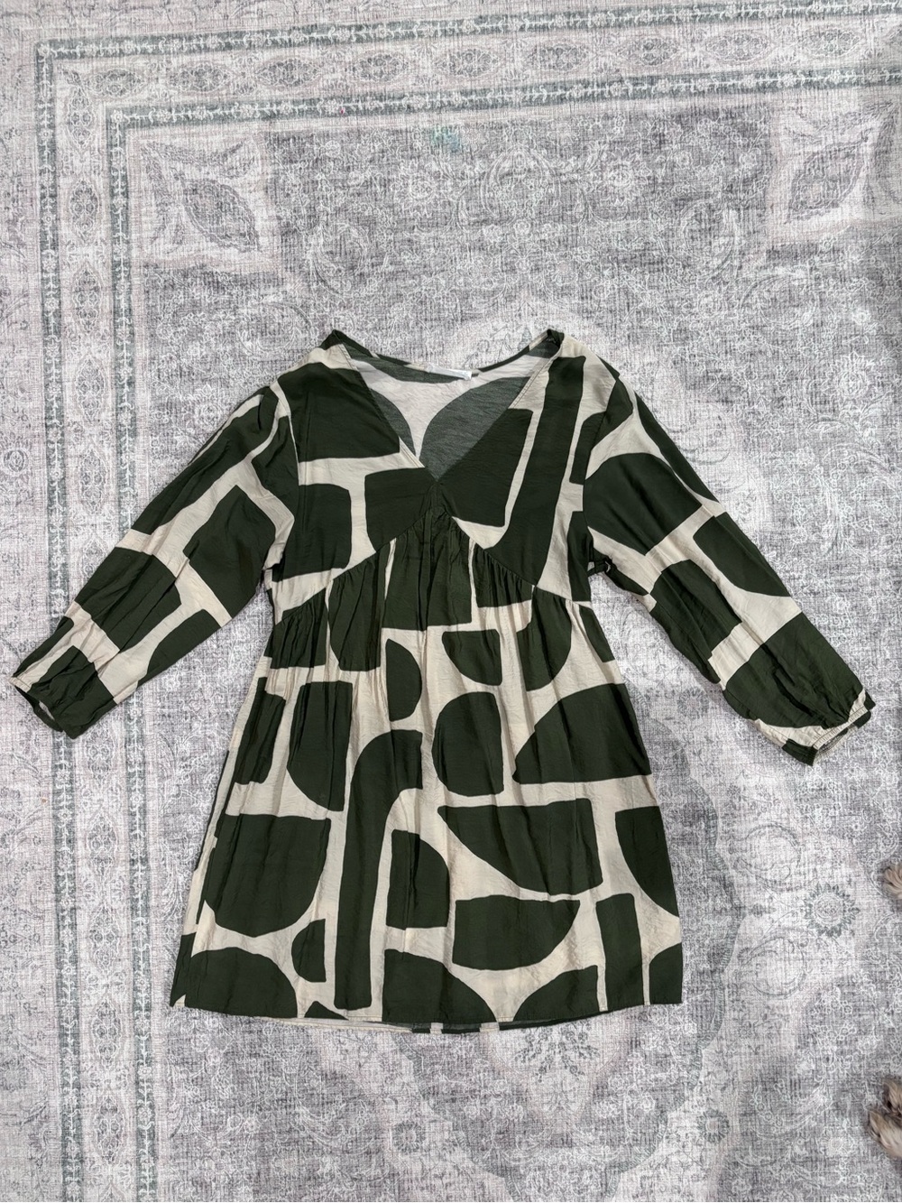 Primark Olive & Cream Abstract Print Long Sleeve Dress size XS